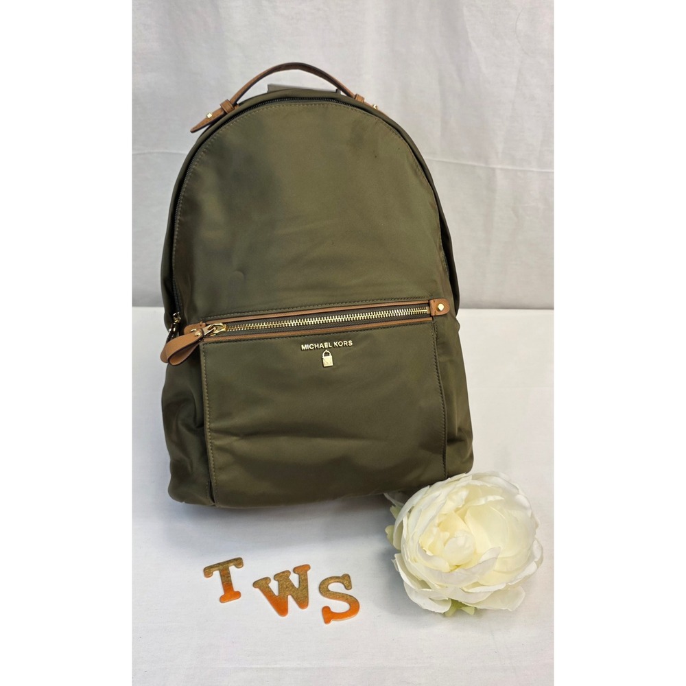 Michael Kors Olive Green Nylon Backpack with Tan Leather Trim and Gold Hardware